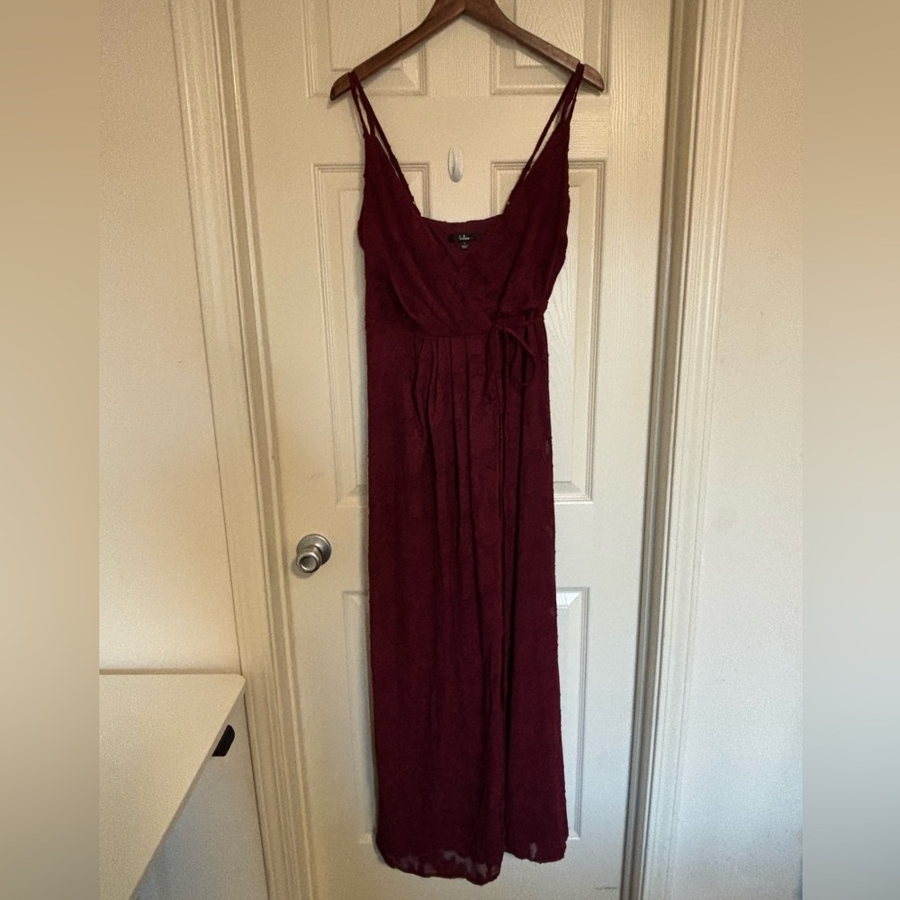 Lulus Burgundy Floral Jacquard Wrap Maxi Dress wedding guest prom - Picture 2 of 8